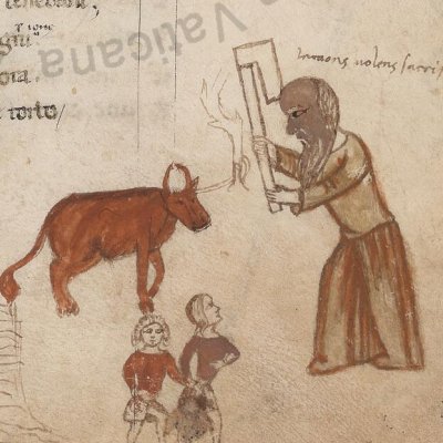 Laocoon immole un taureau. Les serpents de Ténédos (Énéide, Vatican, Vat.Lat.2761, f15r)