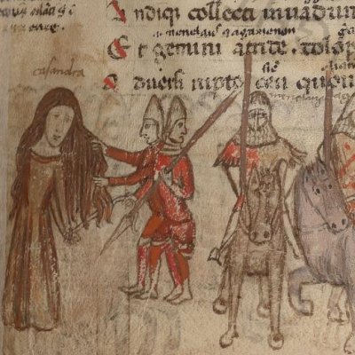 Exploits et mort de Corèbe. Cassandre prisonnière (Énéide, Vatican, Vat.Lat.2761, f17v18r)