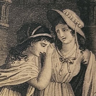 Amanda et miss O'Flannagan méditent sur la vanité humaine (Les Enfants de l'abbaye, t2, 1798) - Bovinet d'après Challiou