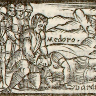 Médor tente de tirer le corps de Dardinel du champ de bataille (Roland furieux, Zoppino 1530, ch.19)