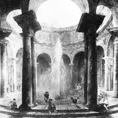 Intérieur d'un Edifice circulaire orné de Colonnes & de statues, avec une pièce d'eau au milieu - Hubert Robert