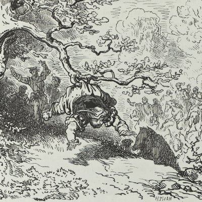 Sancho accroché à une branche (Don Quichotte, II, 31, éd. 1863) - Gustave Doré