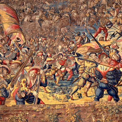 Défaite de la cavalerie française. Les fantassins impériaux s'emparent de l'artillerie ennemie (Tenture de la bataille de Pavie) - Van Orley et Dermoyen