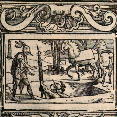 Bradamante, betrayed by Pinabel, falls into Merlin's cave (Orlando furioso, c2, Rampazetto, 1564).