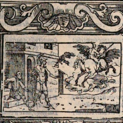 Ruggiero flies off on the hippogriff in front of Bradamante (Orlando furioso, c4, Rampazetto, 1564)