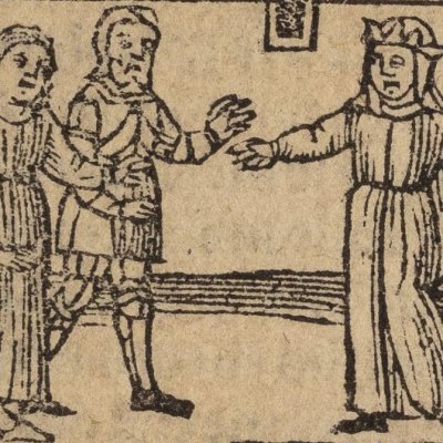 Argaïl et sa sœur Angélique se présentent devant Charles (Orlando innamorato, Venise, G. de Rusconi, 1513, a3r))