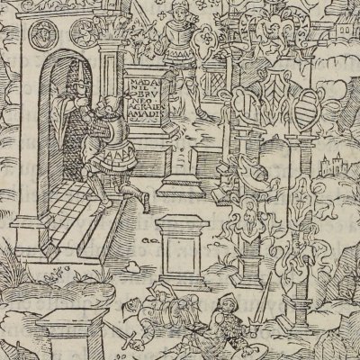 Dans l'île Ferme, épreuve de l'arc des loyaux amants (Amadis de Gaule, l2 ch2, éd. Longis, 1541)