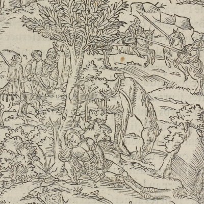 Gandalin et Durin retrouvent Amadis couché dans un bois (Amadis de Gaule, l2 ch4, éd. Longis, 1541)