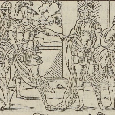 Un chevalier défie le roi Lisard au nom de plusieurs géants (Amadis de Gaule, l2 ch6, éd. Longis, 1541)