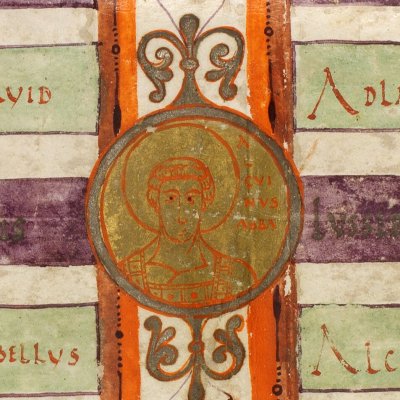 Sommaire avec le portrait d'Alcuin (Bible d'Alcuin à Bamberg, f5v)