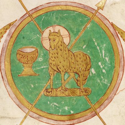 Agneau mystique avec les quatre évangélistes et leurs symboles (Bible d'Alcuin à Bamberg, f339v)