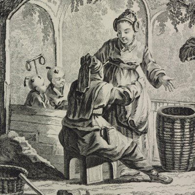 Un mari étreint sa femme enceinte devant leurs enfants (Chinoiseries, scènes de la vie conjugale) - Pillement