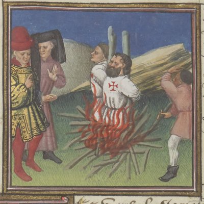 Supplice des templiers, Jacques de Molay et Geoffroy de Charnay (Boccace, De casibus, Fr229, f383r)