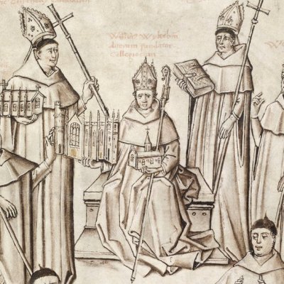 Wykeham entouré de ses disciples (Thomas Chaundler, Vie de William de Wykeham) 