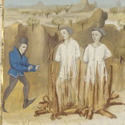 Supplice des templiers, Jacques de Molay et le frère du Dauphin de Vienne (Boccace, De casibus, Arsenal, Ms-5192 réserve, F331r)