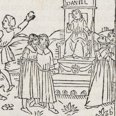 Histoire de Suzanne : jugement et lapidation des vieillards (Bible de Malermi, FLL7v)