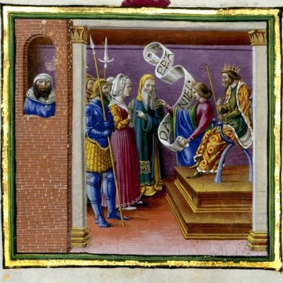 Histoire de Suzanne : Daniel juge les vieillards (Bible de Borso d’Este, f86r) - Taddeo Crivelli