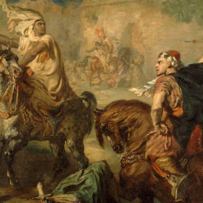 Chefs de tribus arabes se défiant au combat singulier, sous les remparts d'une ville - Chassériau