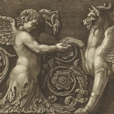 Ange et griffon. Fragment de frise du forum de Trajan (Piranèse, Vasi, candelabri, cippi…, Rome, 1778)