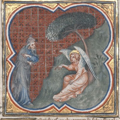 Apparition d'un ange à Gédéon (Bible historiale de Petrus Comestor, F118v) - Jean Bondol