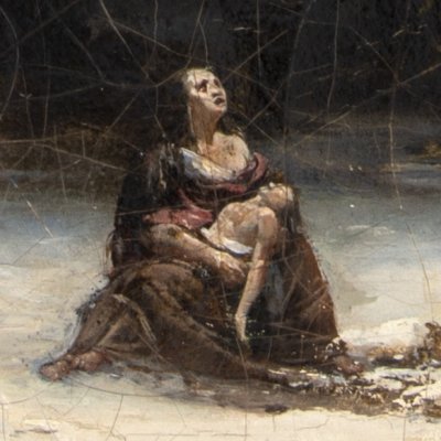 Femme et enfant dans un cloître en ruine - Bouton