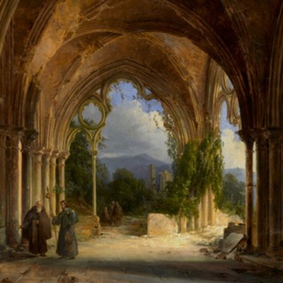 Moines dans une église gothique en ruines - Renoux