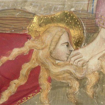 Marie-Madeleine lave de ses larmes les pieds du Christ (Bible historiale de Naples, f160v)