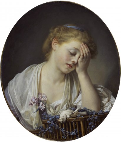 Une Jeune fille, qui pleure son oiseau mort (version de 65) - Greuze