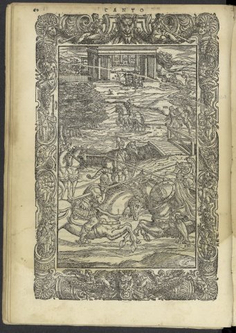 Roger tue Eriphile & est accueilli par Alcine (Roland furieux, Venise, Valgrisi, 1562, chant 7)