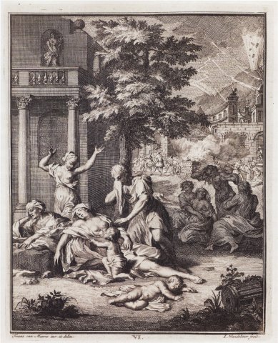 Les effets de la peste, gravure de Frans van Mieris le jeune en tête du livre V du De natura rerum de Lucrèce, illustrant la peste d'Athènes. Lucrèce, De rerum natura, éd. S. Havercamp, 2 vol. in-4°, Leyde, 1725