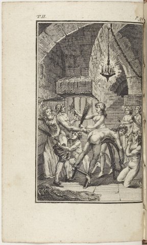 Fustigation à Sainte-Marie-Des-Bois (<i>Nouvelle Justine</i>, 1799, chapitre 8, figure 13). Les moines ont décidé de mettre à mort une jeune fille de dix-huit ans. Ils l’attachent sur « l’infernale machine ». Chaque moine doit la fustiger à son tour ; « une autre fille, prise dans la classe des plus fortes, fouette le moine pendant qu’il opère ; et l’un des jeunes garçons, agenouillé devant lui, le suce. Celle qui doit succéder à la fustigée, est contrainte à demeurer à genoux, les mains jointes, dans l’attitude de la douleur et de l’humiliation ; bien en face du fouetteur, elle lui demande grâce, elle l’implore, elle pleure » (p. 618).