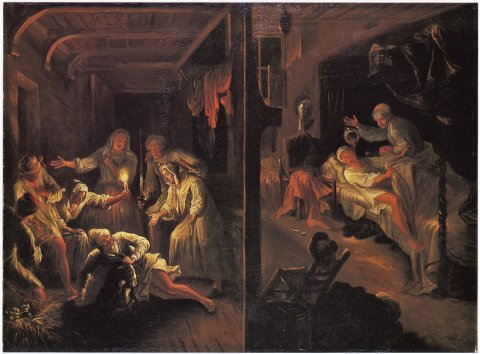La Rancune renverse son pot sur son compagnon de lit, 1720, huile sur toile, 85x114 cm, Le Mans, Musée de Tessé