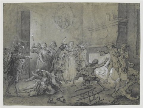Combat dans l’hôtellerie pour le mot de cocu. La Rappinière met fin au combat, encre noire, lavis gris et noir, papier bleu, pierre noire, pinceau, signé et daté en bas à gauche « JB. Oudry 1727 », Paris, Musée du Louvre, RF1689