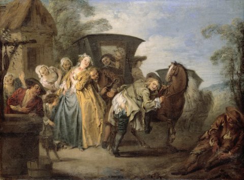 Le Poète Roquebrune perd ses chausses, 1729-1732, huile sur toile, 28,7x38,3 cm, Berlin, Nouveau Palais de Sans-Souci
