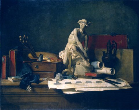 Chardin, Les Attributs des arts et les récompenses qui leur sont accordées, huile sur toile, 102x140,5 cm, 1766, Saint-Pétersbourg, Ermitage