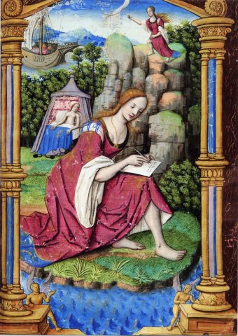 Ariane écrivant à Thésée, traduction des <i>Héroïdes</i> d'’Ovide par Octovien de Saint-Gelais, manuscrit enluminé par Jean Pichore vers 1510, Héroïde X, 30x21,5&nbsp;cm, Paris, Bibliothèque de l'Arsenal