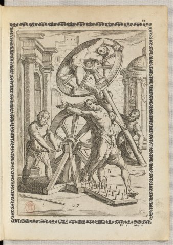 Turning wheel; in Antonio Gallonio, <i>Trattato de gli instrumenti di martirio</i>, Rome, Donangeli, 1591, fig. 7. Engraving by Antonio Tempesta after Giovanni Guerra.