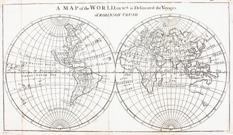 Carte du monde avec les voyages de Robinson Crusoé (Robinson Crusoe, Londres 1722)