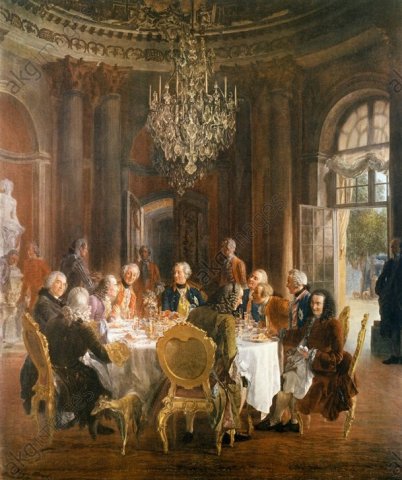 Voltaire (en rose) dînant à Sans-Souci avec Frédéric II (au centre)