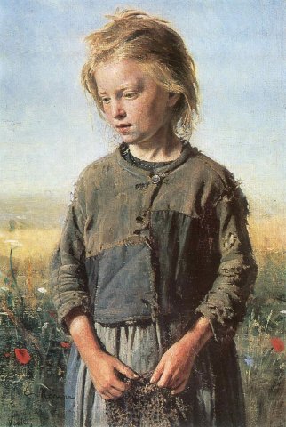 Ilia Efimovitch Répine, Mendiante, 1874, huile sur toile, 73x50 cm, acquis en 1929 par le musée, de la collection de V. P. Soukatchev, Musée des Beaux-Arts d’Irkoutsk. Le peintre peignit la fillette lors de son séjour en Normandie.