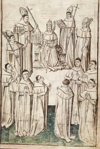 Wykeham entouré de ses disciples (Thomas Chaundler, Vie de William de Wykeham) 